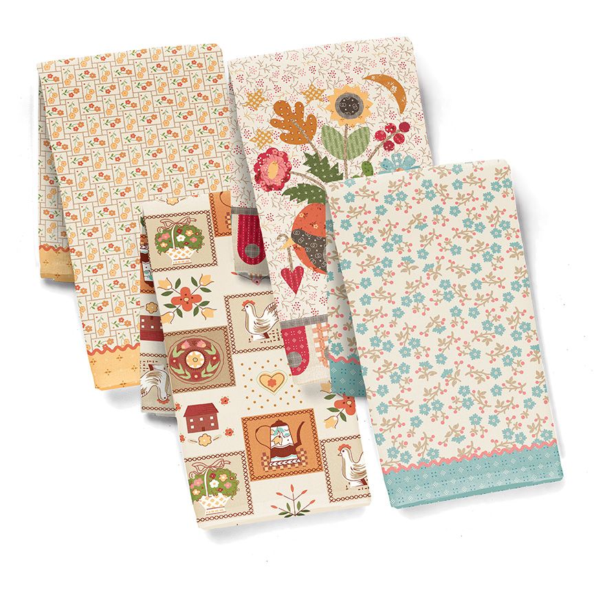 Four kitchen tea towels with various vintage-style patterns, including floral, geometric, and folk art motifs, arranged in an overlapping fan shape on a white background.