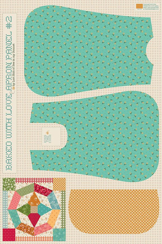 Fabric panel with teal patterned apron design on a beige background
