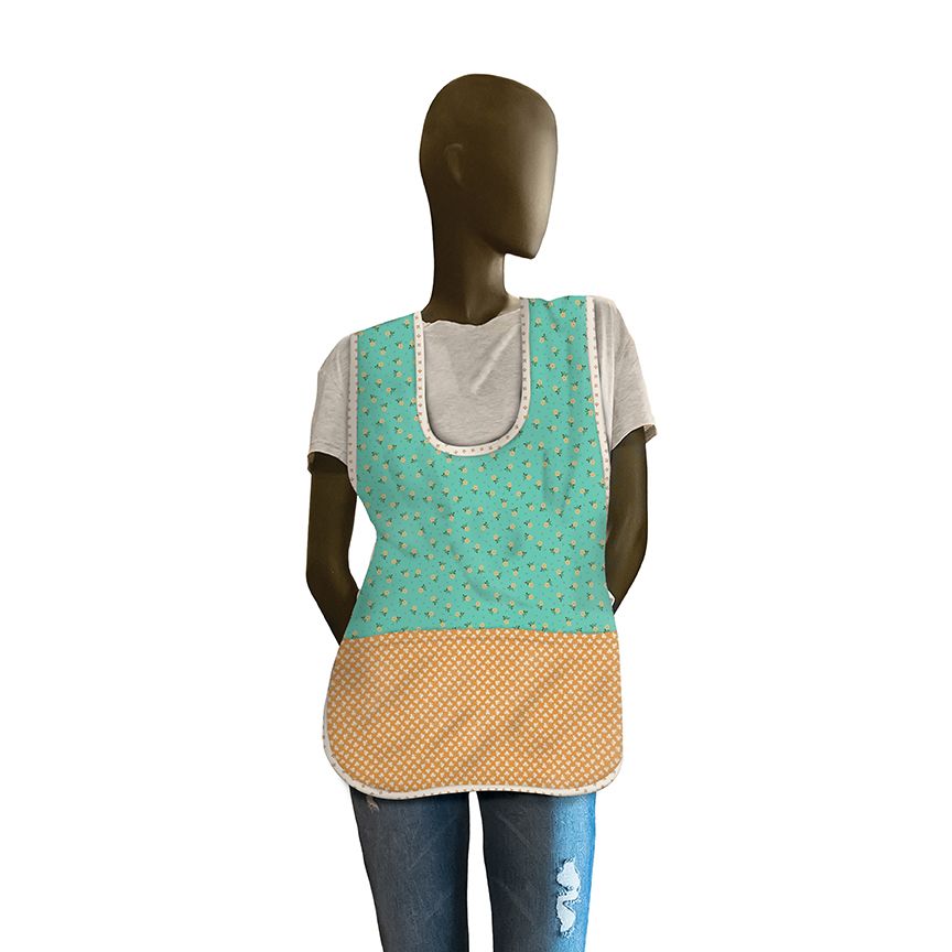 Mannequin wearing a teal and yellow apron on a white background