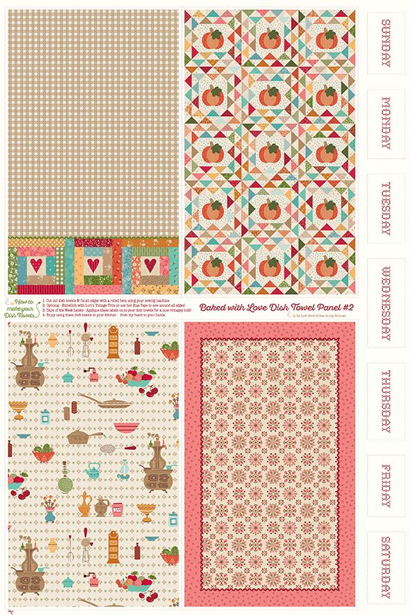 Fabric panel with 4 dishtowels to sew in various patterns and designs.