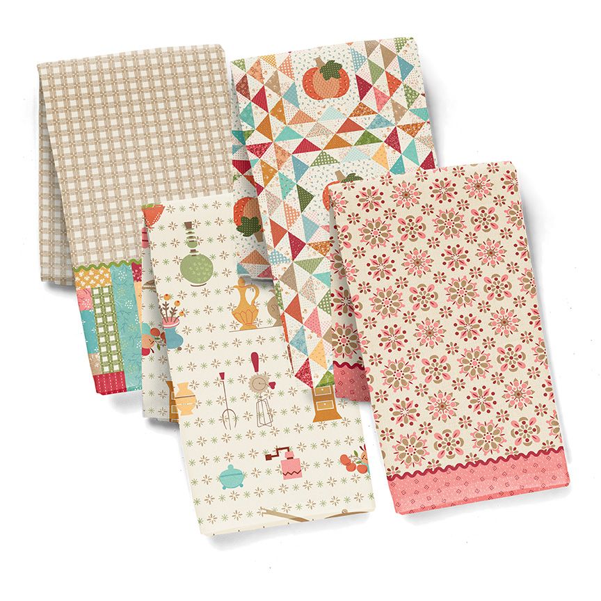 Set of four patterned kitchen towels on a white background