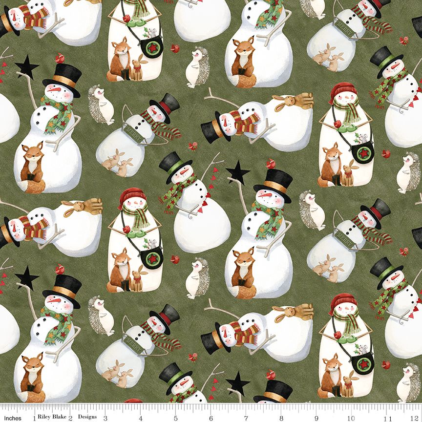 Pattern of snowmen with animals on a green background with a ruler at the bottom.