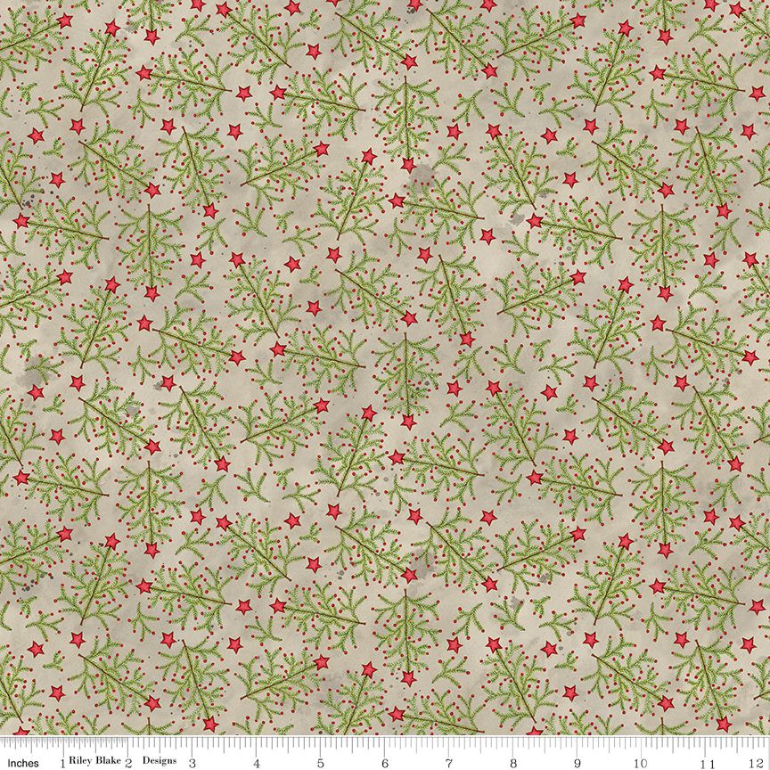 Fabric with a pattern of green leaves and red stars on a beige background