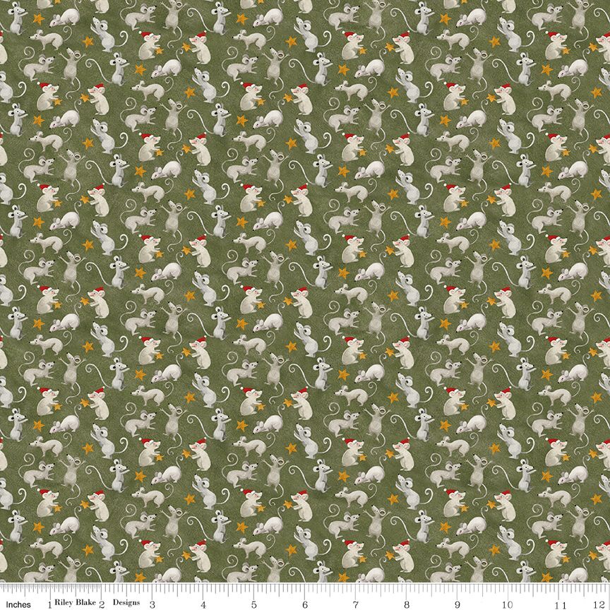 A repeating pattern of white mice wearing red hats, scattered with small yellow stars on an olive green background. A ruler along the bottom edge shows the scale of the print.