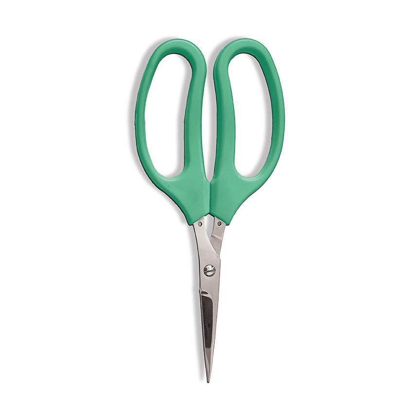 Lori Holt Busy Bee Scissors with mint green handles and short pointed stainless steel blades.