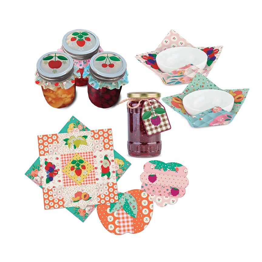 A collection of handmade quilted fabric jar lids and matching decorative pieces arranged on a white background. The set includes three quilted lids with cherry and fruit patterns, two quilted lids with orange and white gingham patterns, two quilted lids with pink and green floral patterns, and two quilted lids with orange and white gingham patterns.