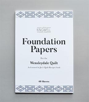 Booklet titled 'Foundation Papers for the Wensleydale Quilt' by Jen Kingwell on a gray background
