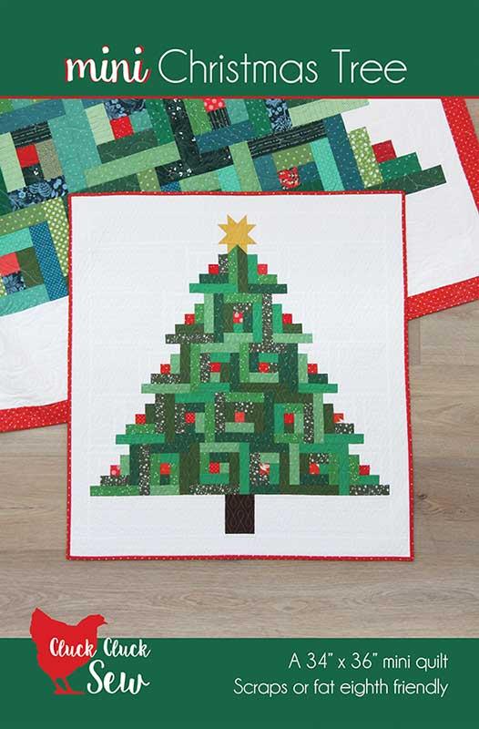 A quilt pattern cover for a 'mini Christmas Tree' quilt, showing a finished quilt with a green patchwork Christmas tree on a white background with a red border. The brand 'Cluck Cluck Sew' is visible in the bottom left corner.