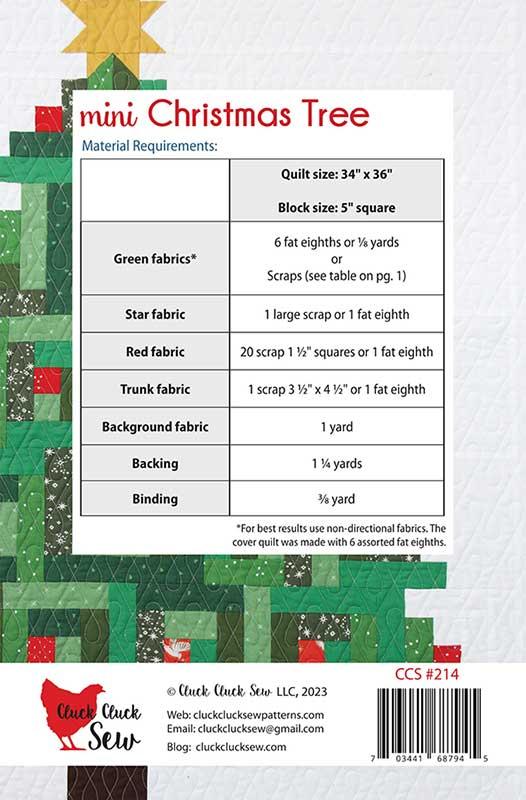 Back cover of a quilting pattern booklet for 'mini Christmas Tree' by Cluck Cluck Sew. The cover features a green quilted tree design on the left, a white background on the right, and a central material requirements table detailing fabric types and measurements.