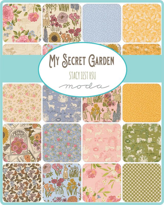 Collection of fabric swatches with various patterns and 'My Secret Garden' branding.