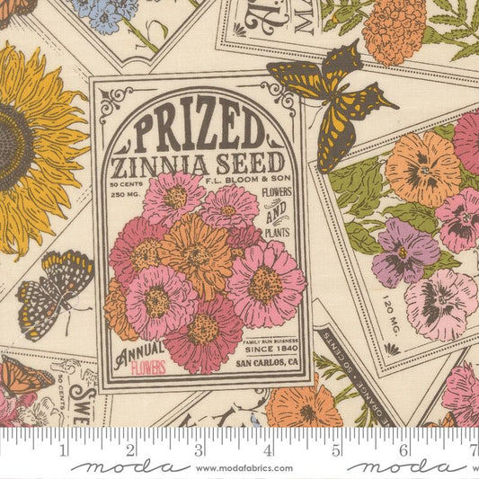 Floral seed packet design with butterflies and a ruler for scale on a cream background