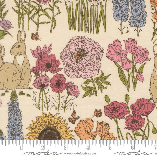 Fabric pattern with flowers, rabbits, and butterflies on a cream background with Moda label.