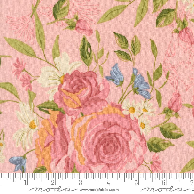 Floral fabric pattern with roses and leaves on a pink background, featuring Moda label.