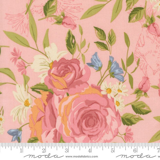 Floral fabric pattern with roses and leaves on a pink background, featuring Moda label.