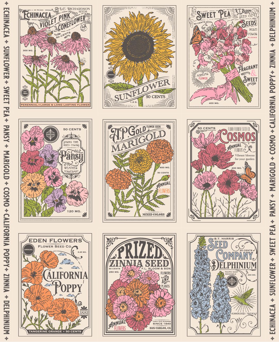 Collection of vintage-style seed packet designs featuring various flowers on a cream background.