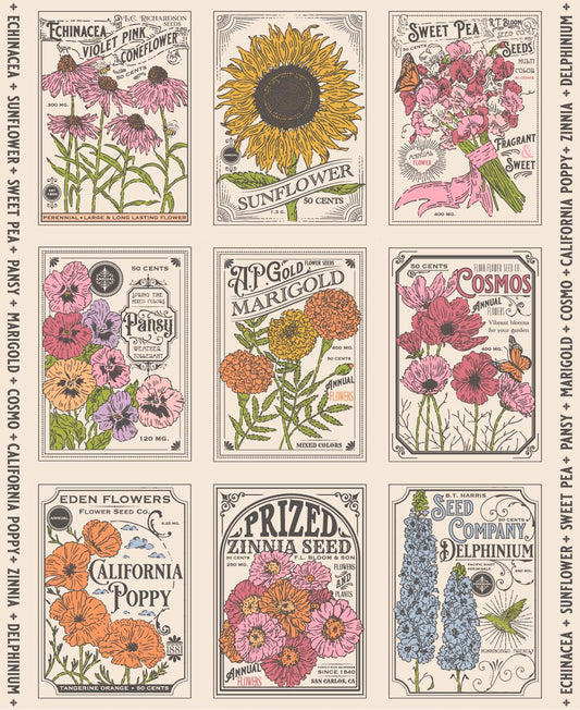 Collection of vintage-style seed packet designs featuring various flowers on a cream background.