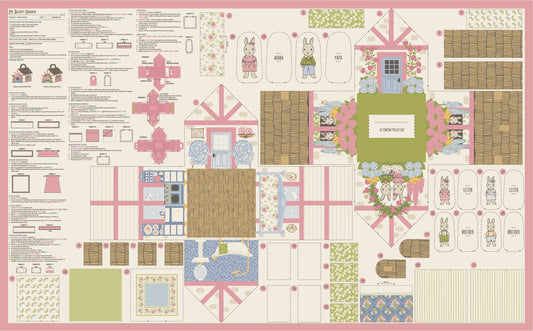 A flat lay of a quilting pattern sheet featuring various templates, patterns, and instructions for making a children's play set with bunnies, houses, and floral motifs, all arranged on a cream background with a pink border.