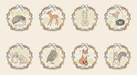 A set of eight circular woodland animal illustrations arranged in two rows on a light beige background. Each circle contains a different animal framed by pastel flowers and bows: hedgehog, deer, rabbit, bird with nest, mouse, owl, fox, and squirrel.