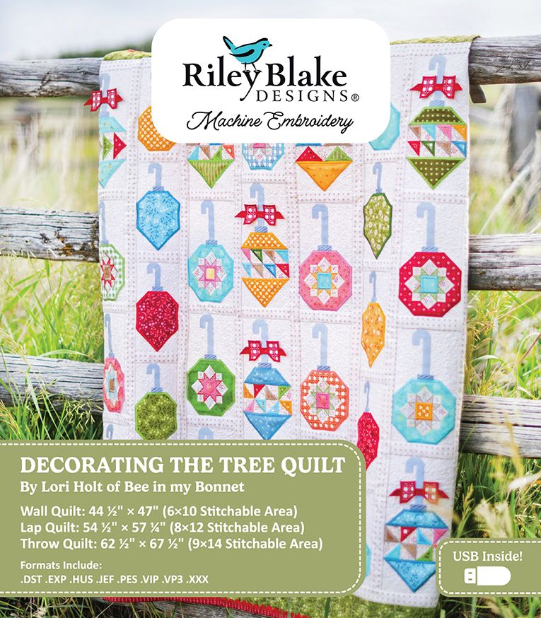 Embroidery design machine embroidery USB cover titled 'Decorating the Tree Quilt' by Riley Blake Designs with colorful quilt pattern on cover.
