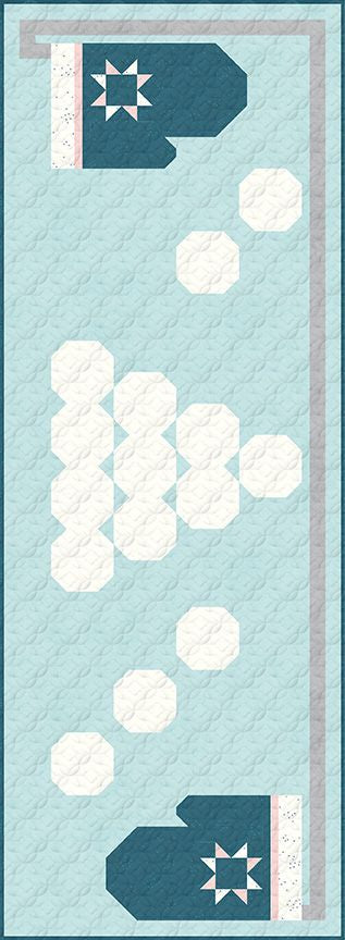 Quilted table runner with mittens at both ends and snowballs stacked in the center. 