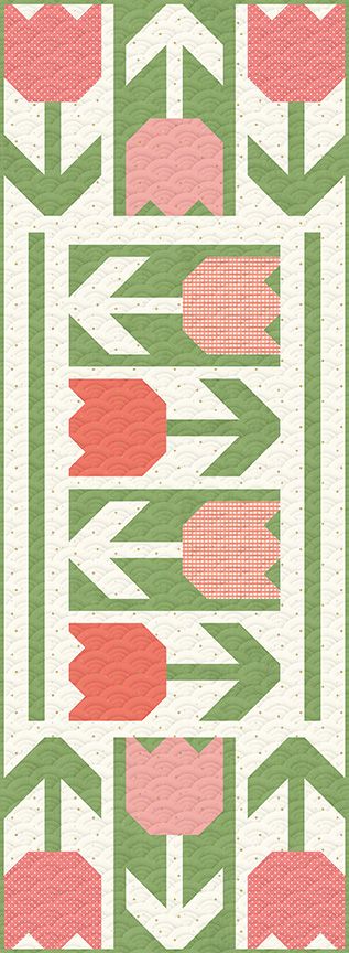 Pattern of pink tulips and green arrows on a white background