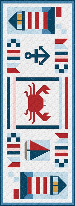 A quilted table runner featuring a nautical theme with a red crab in the center, flanked by lighthouses, an anchor, and striped bunting in red, white, and blue.