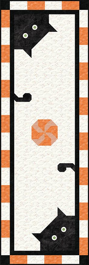 Halloween-themed quilted table runner with black cats, orange and white striped border