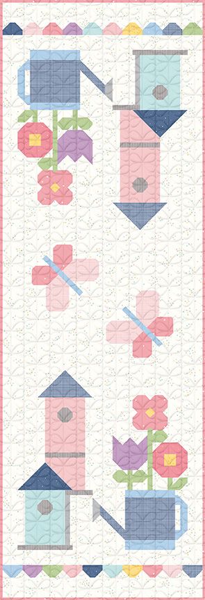 Quilted table runner with birdhouses, flowers, and watering cans on a white background