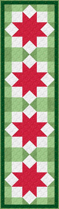 A quilted table runner featuring a repeating pattern of red eight-pointed stars surrounded by white diamonds, set against a light green and dark green checkered background.