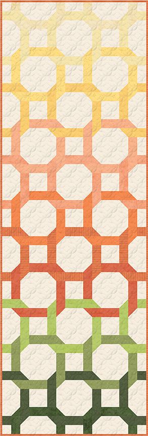 A quilted table runner featuring a geometric hexagonal lattice pattern with a vertical gradient transitioning from yellow and orange at the top to green at the bottom, set against a cream background.