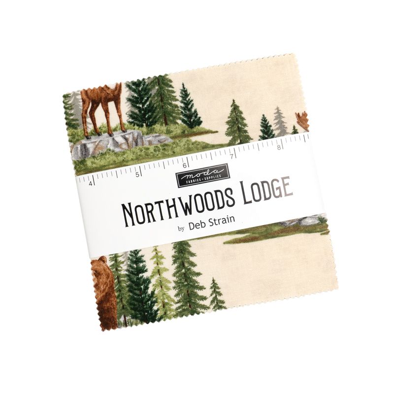 Charm pack bundle with 'Northwoods Lodge' design featuring trees and deer, branded by Deb Strain.