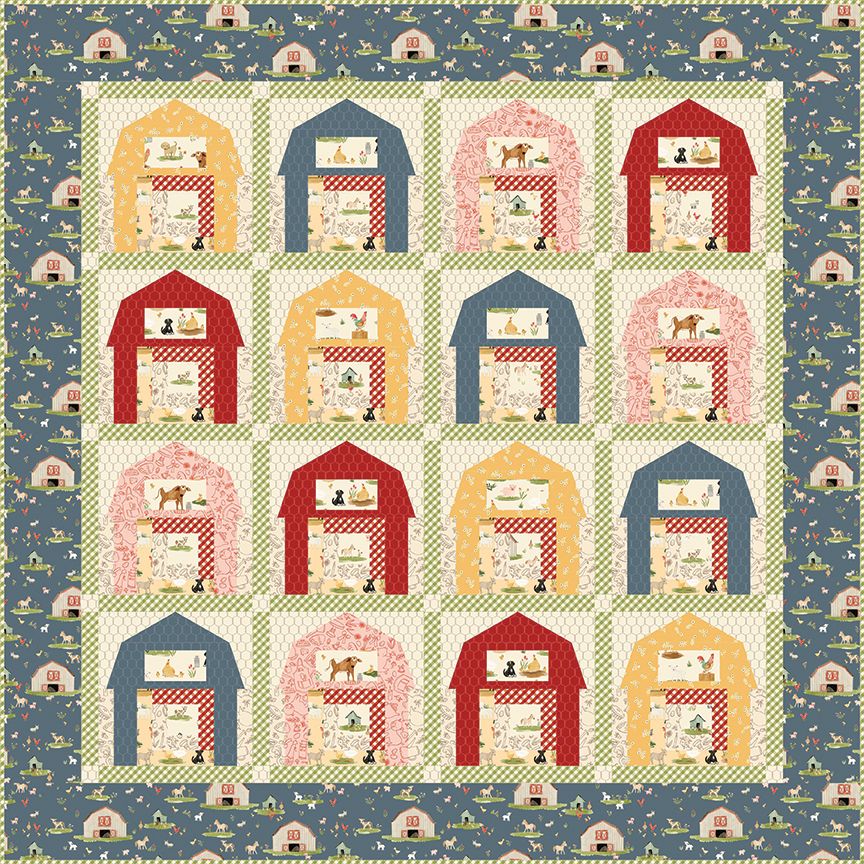 A quilt featuring a 4x4 grid of colorful barn motifs in red, yellow, and blue on a cream background, surrounded by a blue border with small house and farm illustrations.