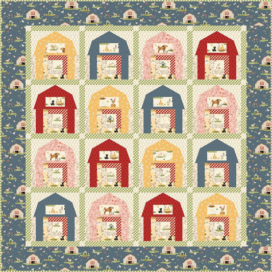 A quilt featuring a 4x4 grid of colorful barn motifs in red, yellow, and blue on a cream background, surrounded by a blue border with small house and farm illustrations.