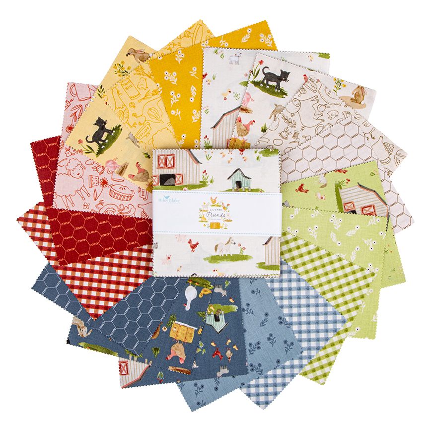 A set of fabric swatches arranged in a circular fan, featuring various farm and barn-themed patterns including gingham, honeycomb, and whimsical illustrations on yellow, red, blue, green, and white fabrics.