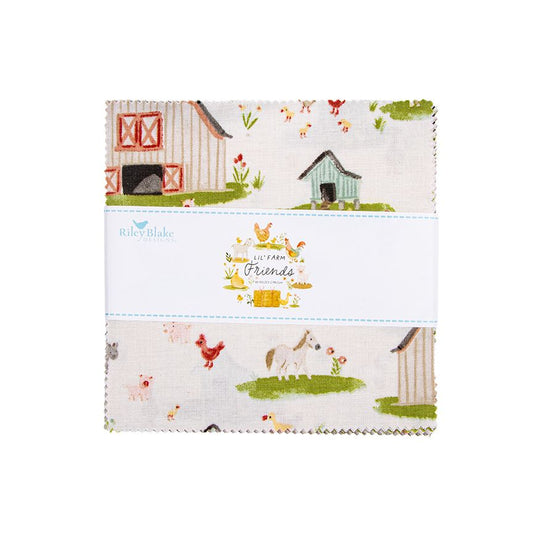 A packaged charm pack from Riley Blake Fabrics featuring a farm-themed print with barns, a doghouse, chickens, a horse, and small animals on an off-white background, wrapped with a white paper band labeled 'Riley Blake Fabrics' and 'Farm Friends'.