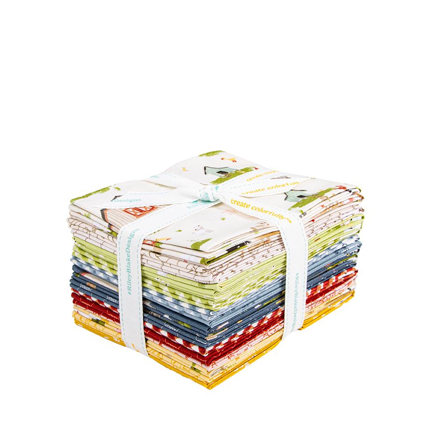 A fat quarter bundle tied with a white ribbon, shown on a plain white background. The fabrics feature various prints including stripes, florals, and nature motifs in multiple colors.