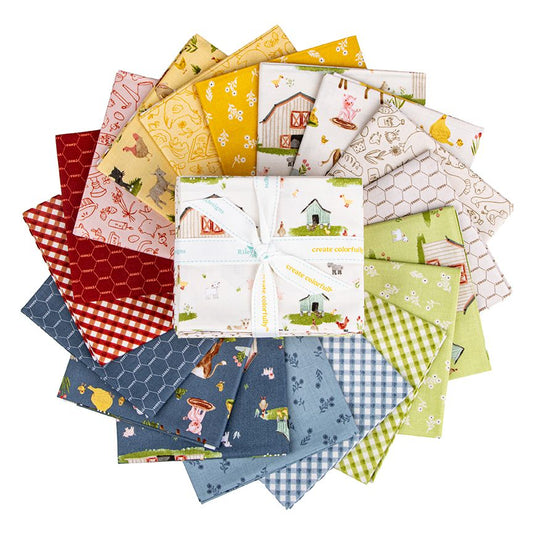 Folded fat quarters arranged in a circular fan, with a central wrapped bundle tied with a white ribbon. The fabrics feature various patterns including gingham, honeycomb, floral, and farm scenes in multiple colors like yellow, red, blue, green, and pink on a white background.