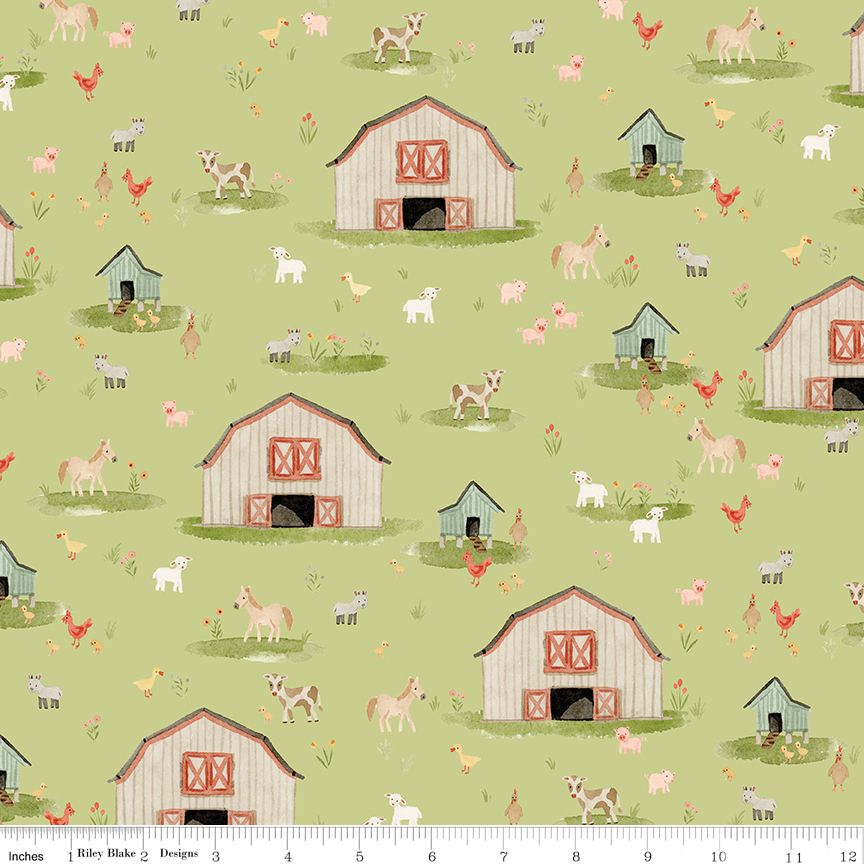 A repeating farm-themed pattern on a light light green background, featuring small barns, cows, sheep, chickens, ducks, and flowers. A white ruler along the bottom edge shows scale and includes the text 'Riley Blake Designs' and 'Bespoke'.