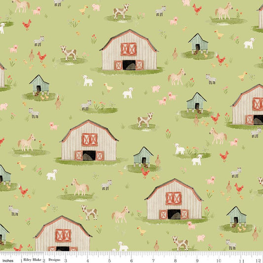 A repeating farm-themed pattern on a light light green background, featuring small barns, cows, sheep, chickens, ducks, and flowers. A white ruler along the bottom edge shows scale and includes the text 'Riley Blake Designs' and 'Bespoke'.