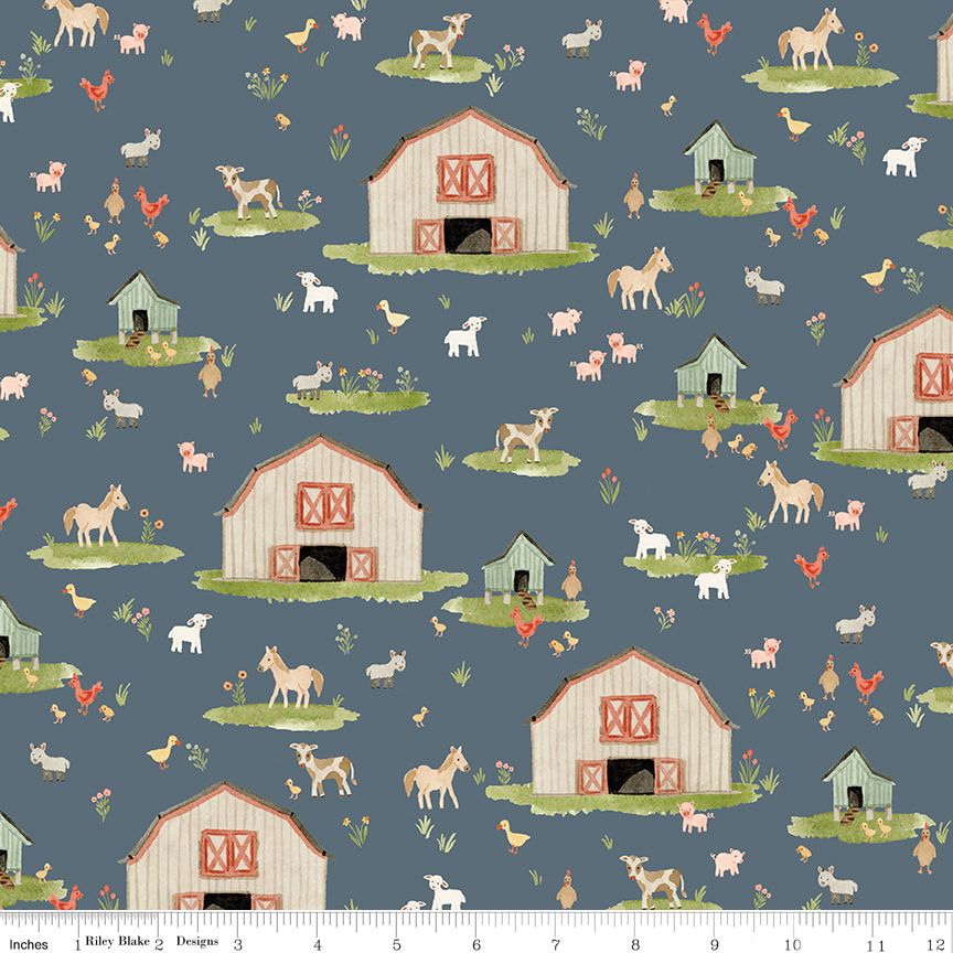 Farm-themed fabric pattern with barns, animals, and greenery on a blue background.