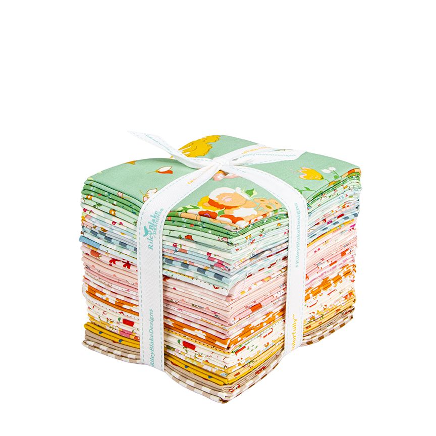 A stack of patterned fat quarter squares tied with a white ribbon, shown on a plain white background.