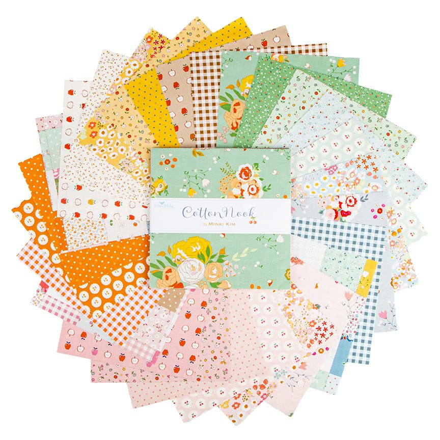 A circular arrangement of patterned fabric squares in pastel and bright colors, with a central fabric bundle wrapped in a white paper band reading 'Cotton Needle by Melissa Robado.'.