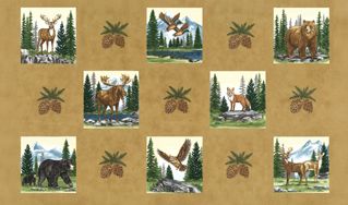 Pattern of forest animals and nature elements on a beige background with pine cones and greenery 