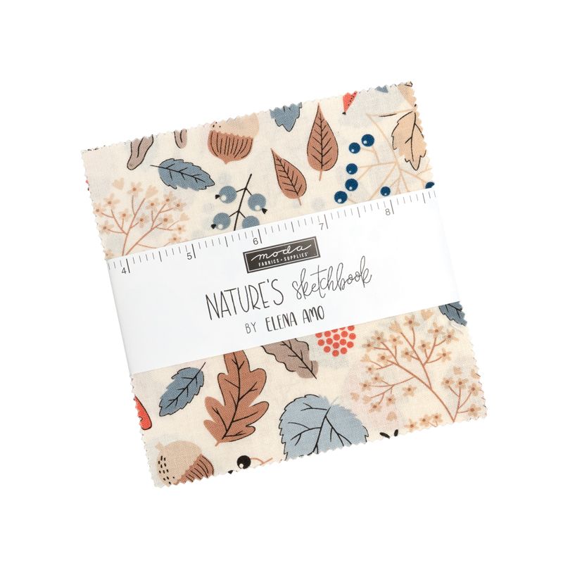 Charm pack with leaf patterns and a ruler on a white background, featuring the brand 'Nature's Sketchbook' by Elina Aino.