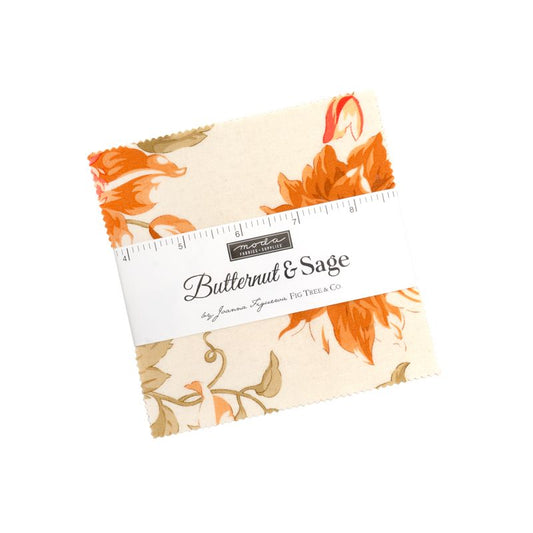Pack of fabric squares with floral pattern and 'Butternut & Sage' label on a white background
