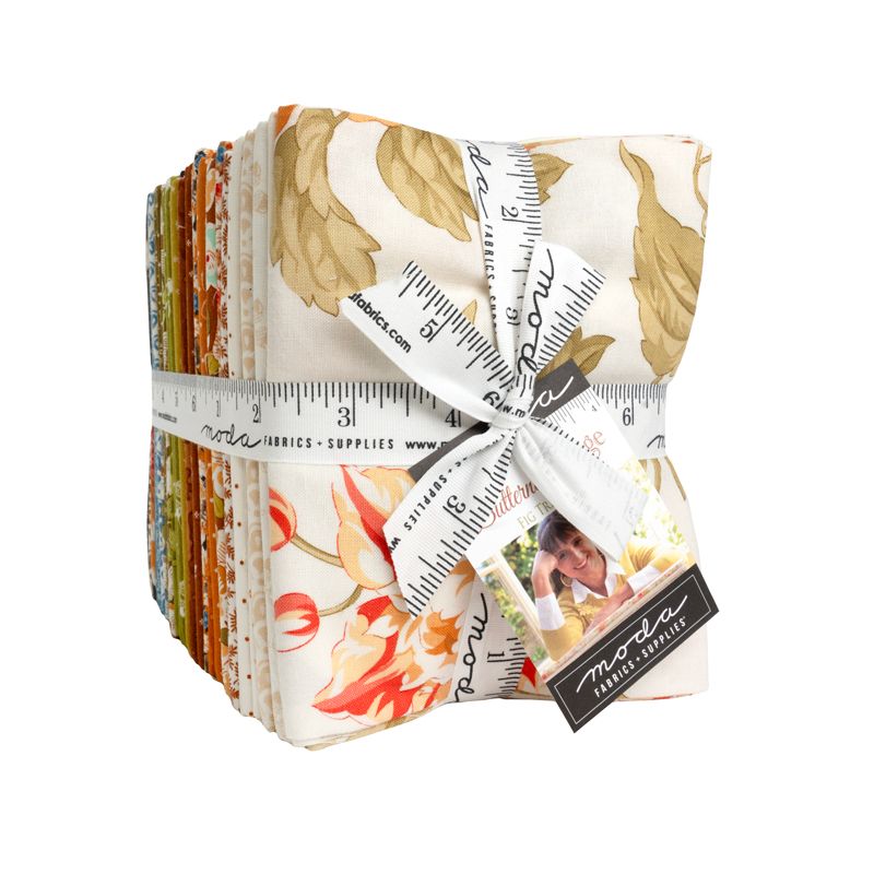 Pack of fabric fat quarters from the collection Butternut & Sage by Fig Tree & Co. with a ruler design and Moda label on a white background
