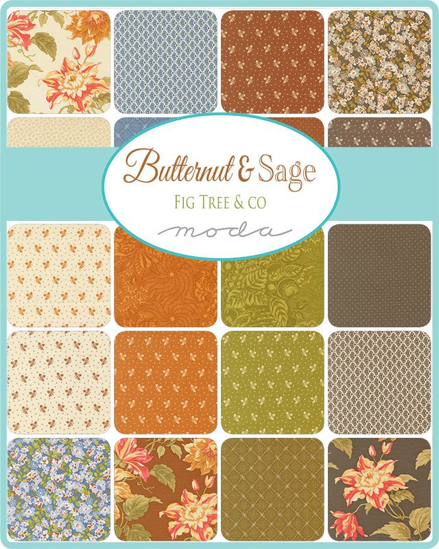 Collection of fabric swatches with floral and geometric patterns, featuring the brand 'Butternut & Sage' from 'Fig Tree & Co'.