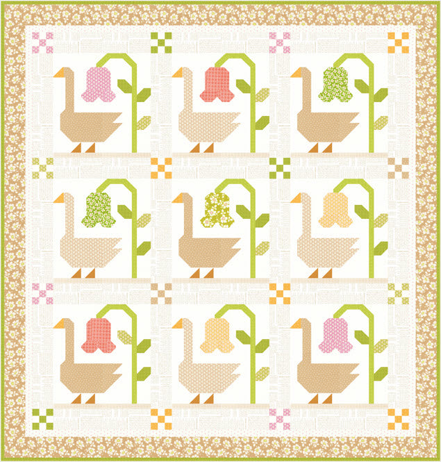 A quilt design featuring a 3x3 grid of stylized geese and flowers, bordered by a floral patterned edge. The geese are tan with orange beaks and legs, and each has a bell-shaped flower in pink, green, or yellow tones on green stems.
