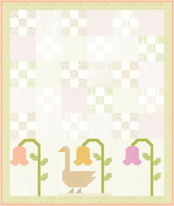 A quilt pattern or fabric design featuring a patchwork background of pastel pink, green, and cream squares, with a row of three stylized flowers at the bottom containing a beige goose, a pink bell, a yellow bell, and a purple bell.