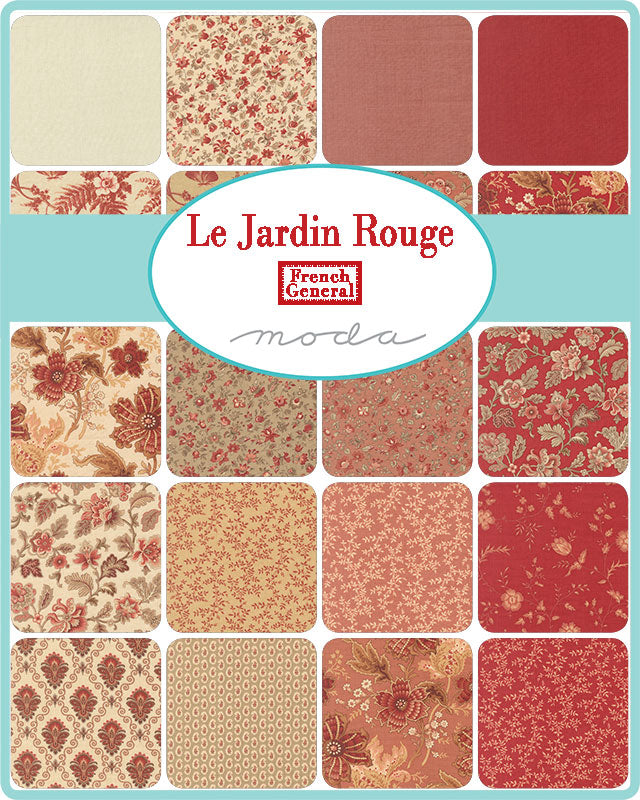 Flat detail of fabric collection Le Jardin Rouge by French General for Moda Fabrics.  Reds, pinks and creams.